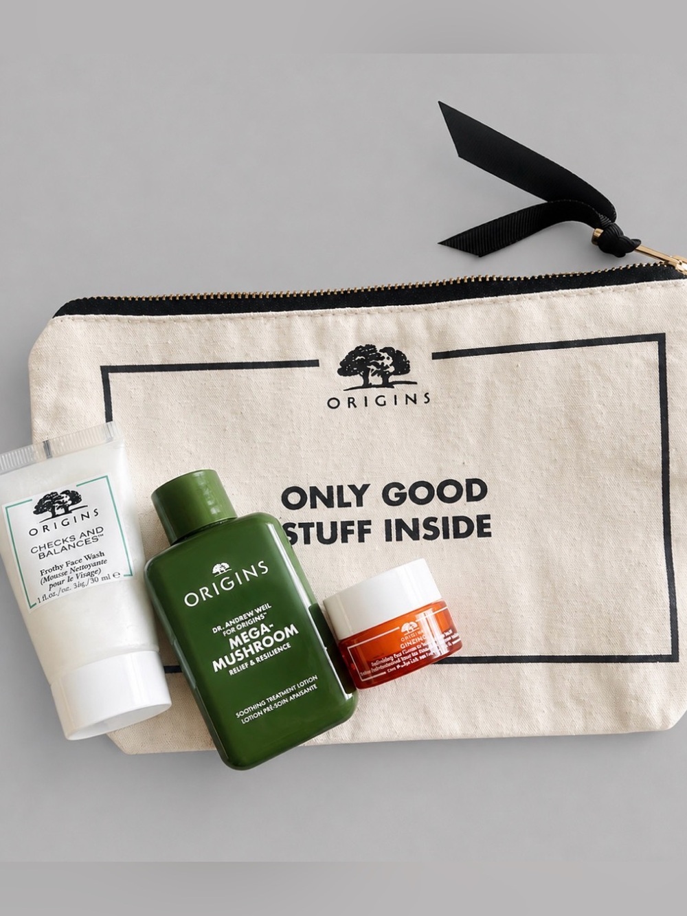 Origins Mega-Mushroom + GinZing Travel Skincare Set w/ Cosmetic Bag